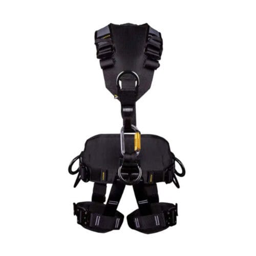 Black unisex safety harness with shoulder straps, waist belt, leg loops, and front and rear D rings