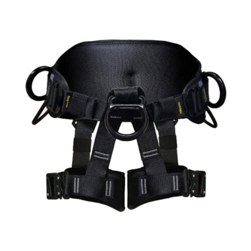 Black sit work positioning harness with padded waist belt, leg loops, and side and front attachment rings