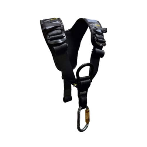 RGH7 chest harness top with padded shoulder straps and front attachment ring and carabiner on white background