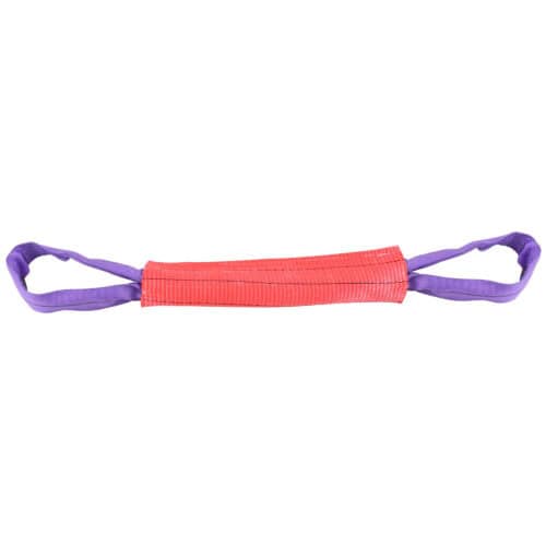 Red padded dog tug toy with purple fabric handles on both ends