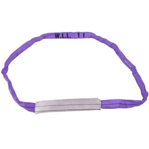 Purple polyester round sling with grey wear sleeve marked WLL 1t