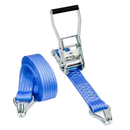 Blue ratchet tie-down strap with metal buckle and double J hooks on a white background