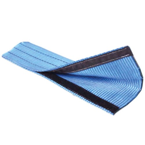 Blue lifting sling strap with black reinforced edging on a white background