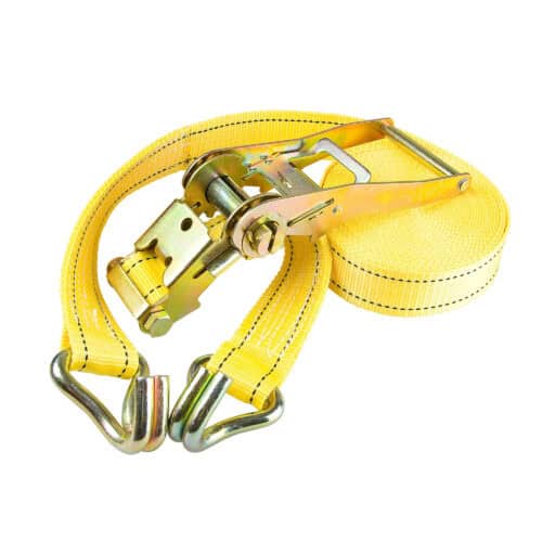 Yellow 10 tonne ratchet strap with metal ratchet and double J hooks on white background