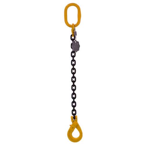 Black lifting chain with yellow oval ring and safety hook on white background