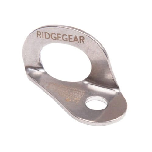 Stainless steel hanger plate with two holes and Ridgegear branding on white background