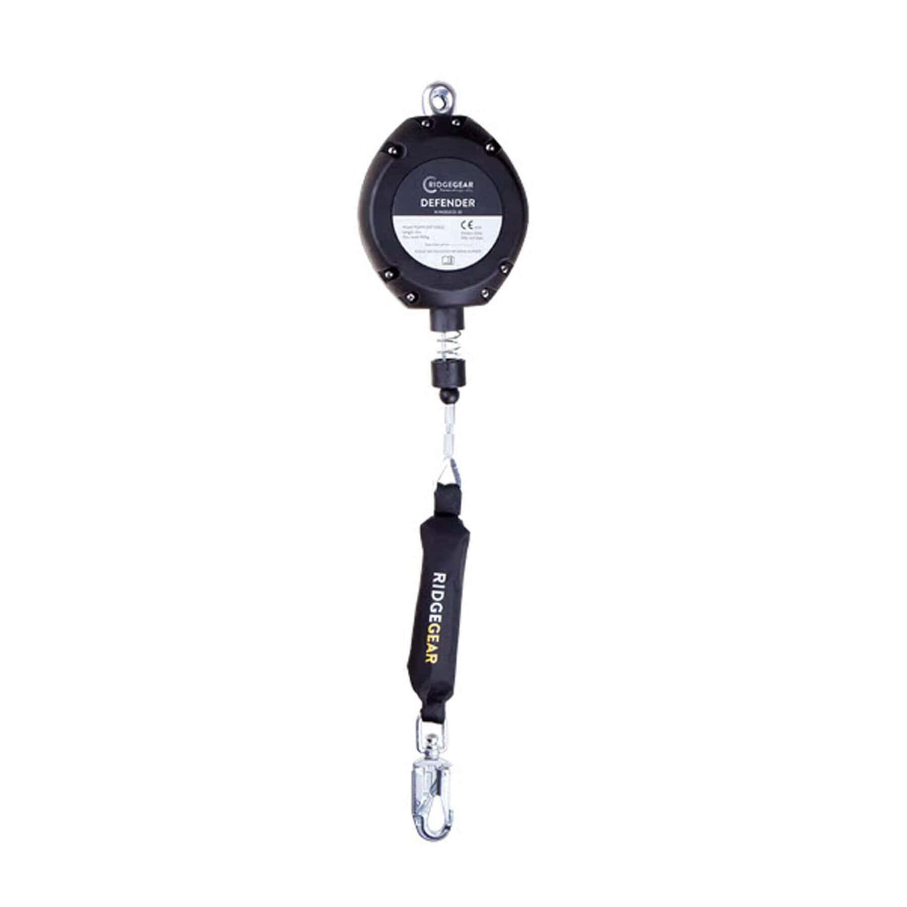 Ridgegear Defender fall arrest block with metal anchoring eye and hook on white background