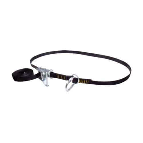 RGAN1 temporary adjustable anchor strap with black webbing, metal ratchet tensioner and D ring attachment