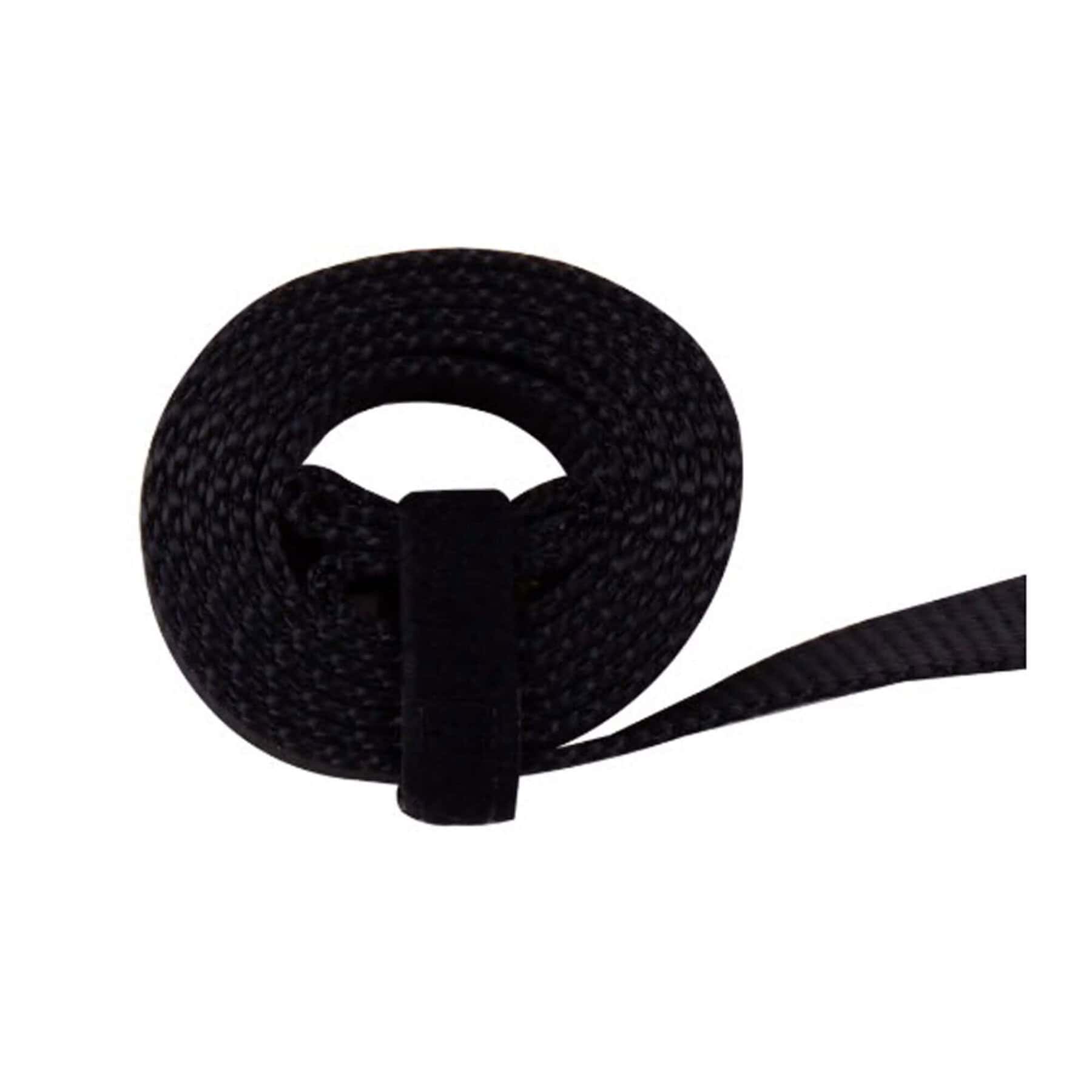 Black temporary adjustable anchor strap looped with reinforced sleeve and trailing webbing end