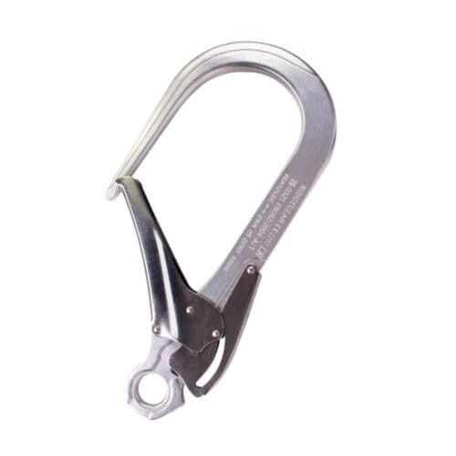 110mm aluminium double action scaffold hook with safety catch and attachment eyelet on white background