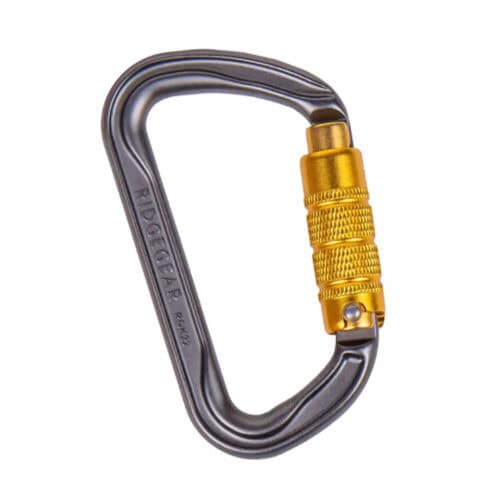 RGK22 22mm aluminium triple action karabiner with gold knurled twist-lock gate on white background