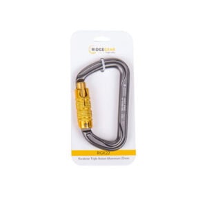 RGK22 22mm aluminium triple action karabiner with gold locking sleeve on Ridgegear packaging