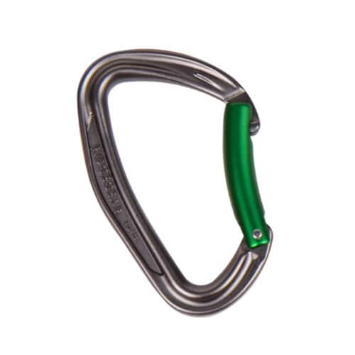 RGK23 aluminium bent gate karabiner with grey body and green gate on white background
