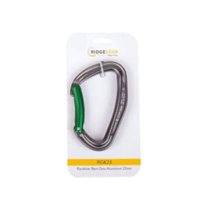 RGK23 aluminium bent gate karabiner with green gate on RidgeGear packaging