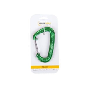 Green aluminium wire gate karabiner RGK24 on RidgeGear product card packaging