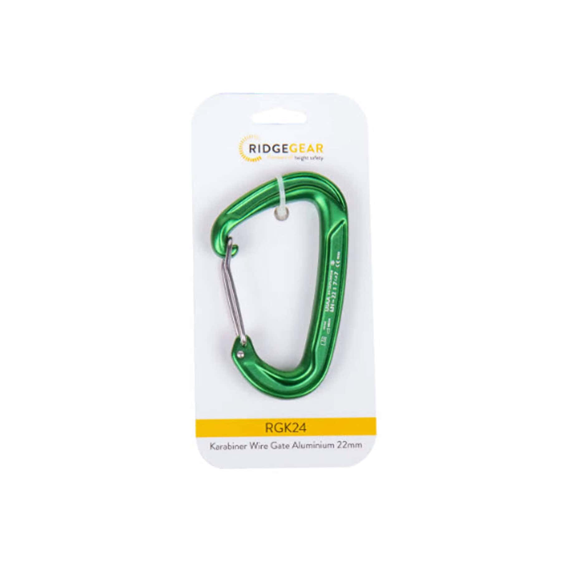 Green aluminium wire gate karabiner RGK24 on RidgeGear product card packaging