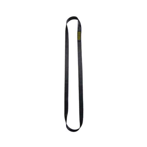 Black polyester climbing sling loop with yellow stitching marker on white background
