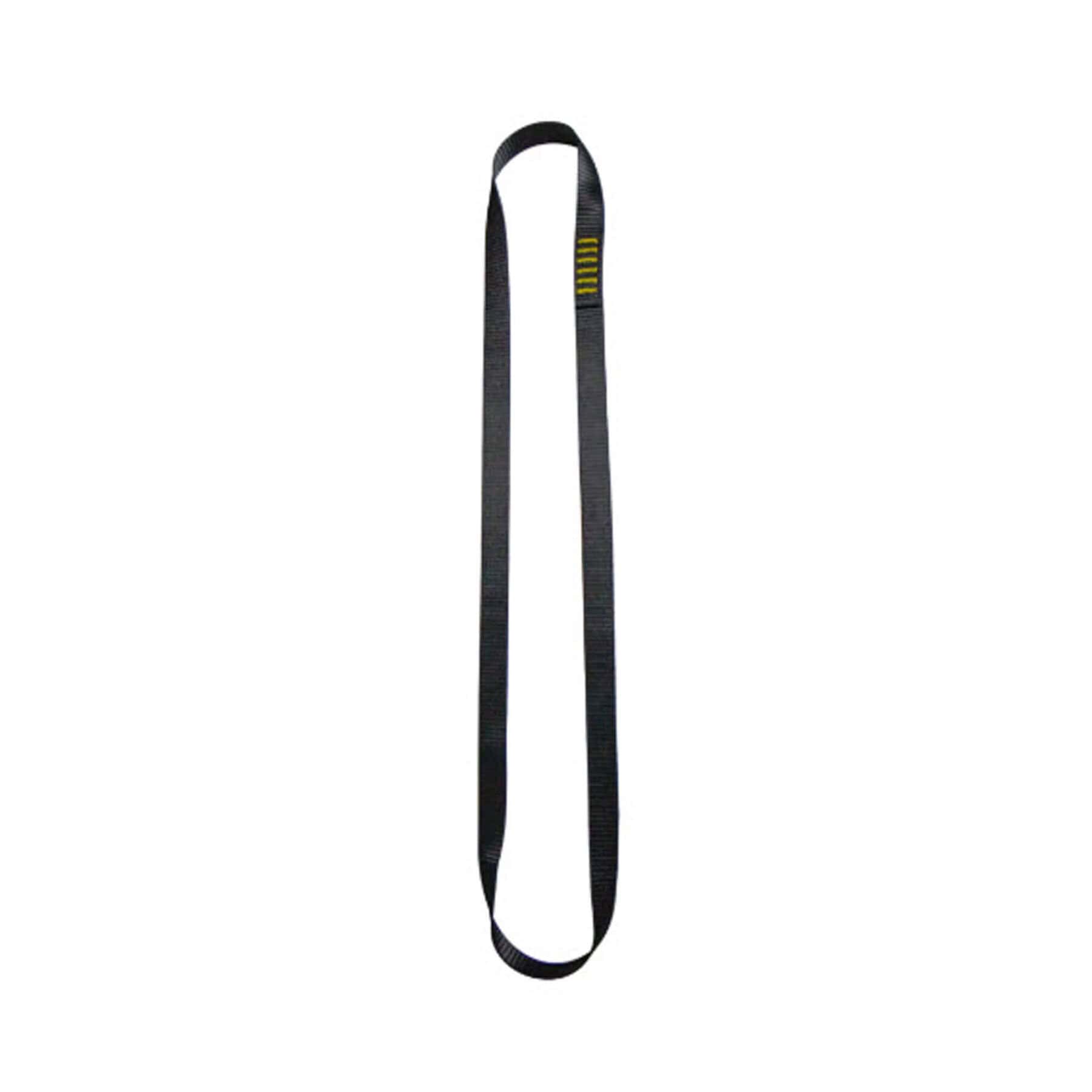 Black polyester climbing sling loop with yellow stitching marker on white background