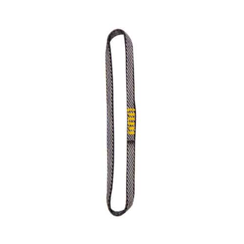 Grey and black Dyneema climbing sling with stitched yellow label on white background