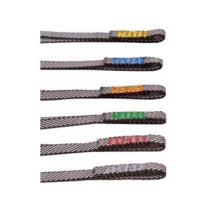 Dyneema anchor sling with stitched loop ends in assorted colours on grey webbing