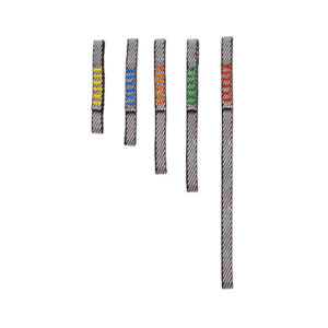 Five grey Dyneema short link slings with colour coded stitched loops in yellow, blue, orange, green and red