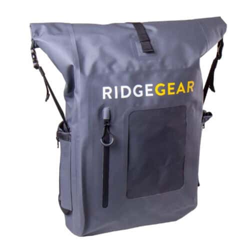 Grey RidgeGear roll top dry bag with shoulder straps and front zip pocket 20 to 25 litre capacity