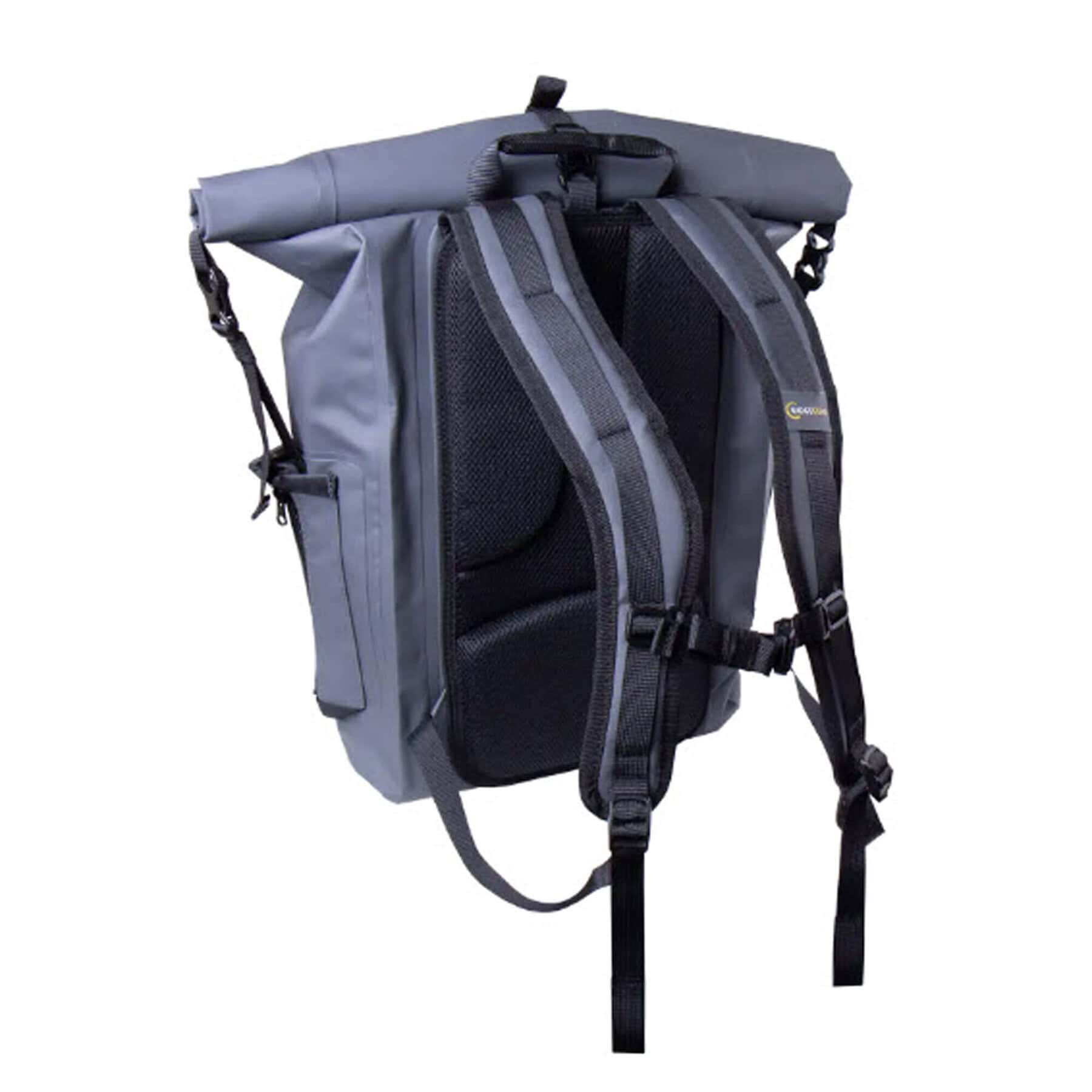 Grey roll-top 20-25L dry bag backpack with padded shoulder straps and side pocket