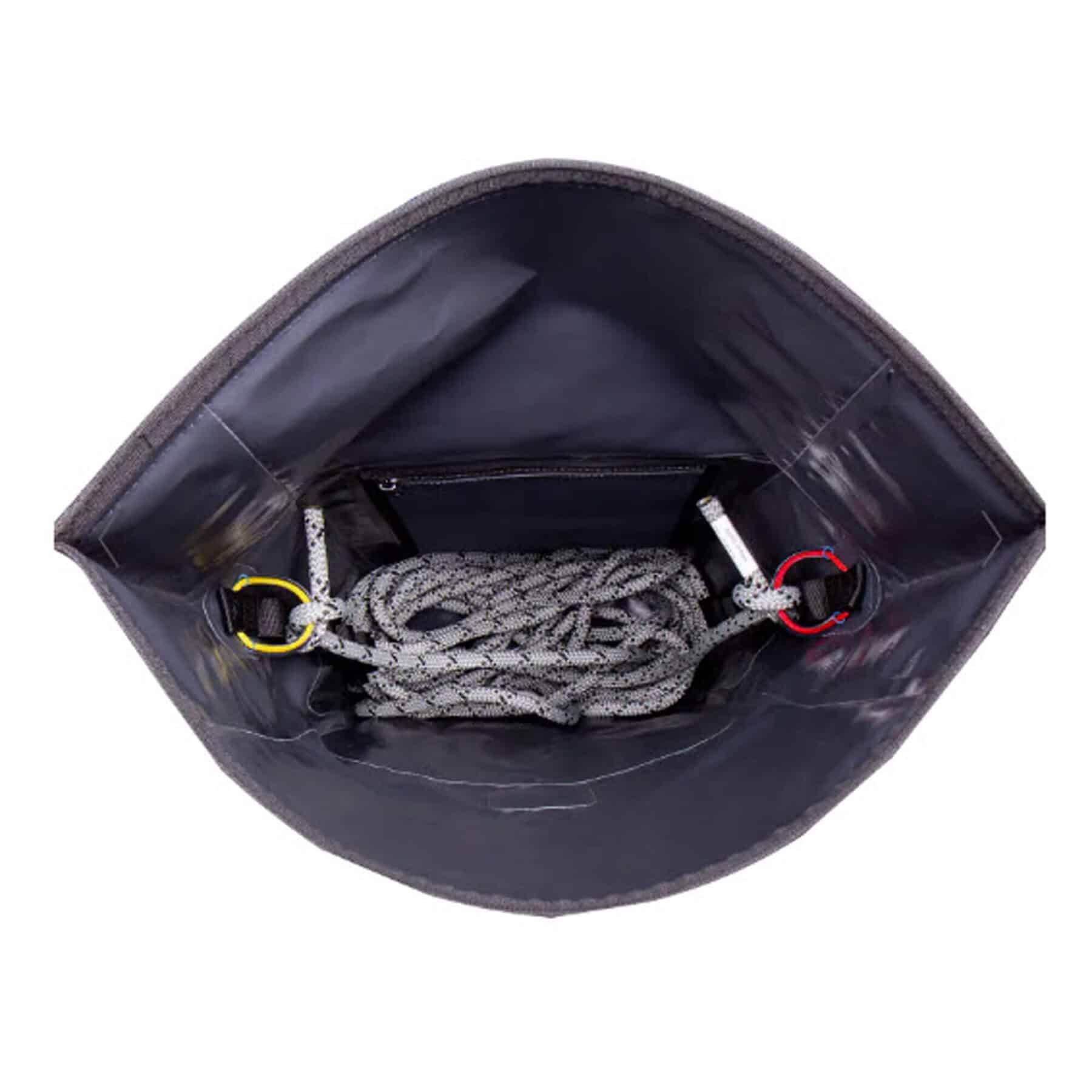 Inside view of RGS11 20 to 25 litre dry bag with coiled rope and metal clips attached to side rings