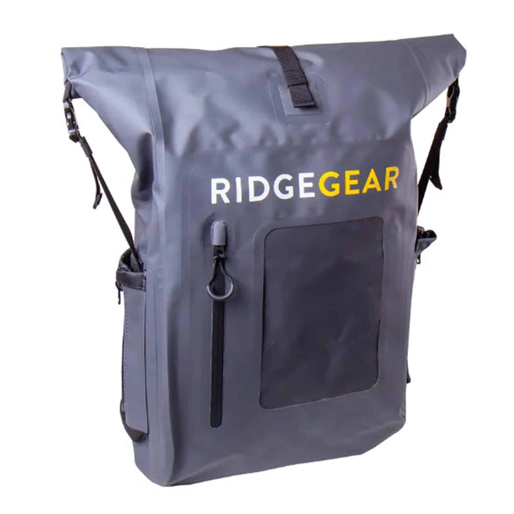 Grey RidgeGear roll top dry bag with shoulder straps and front zip pocket 20 to 25 litre capacity