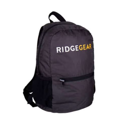 Dark grey RidgeGear 12L backpack with front zip pocket and top carry handle