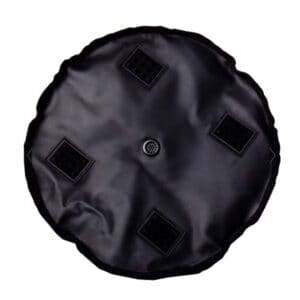 Bottom view of black 30L rope bag showing circular base with four reinforced patches and a drain grommet