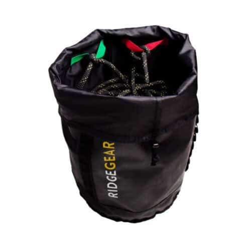 Black RidgeGear 30L rope bag with open top showing coiled rope and coloured tabs