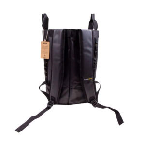 Back view of black RGS9 30L rope bag with padded shoulder straps and eco tag