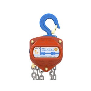 WH C4 QT chain hoist with blue top hook and red housing showing 1 tonne rating and hanging chains