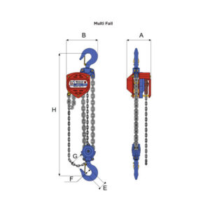 WH C4 QT chain hoist with dimensional diagram showing front and side views with labelled measurements