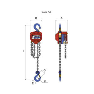 Front and side view diagram of WH C4 QT chain hoist with dimension labels and single fall chain and hook