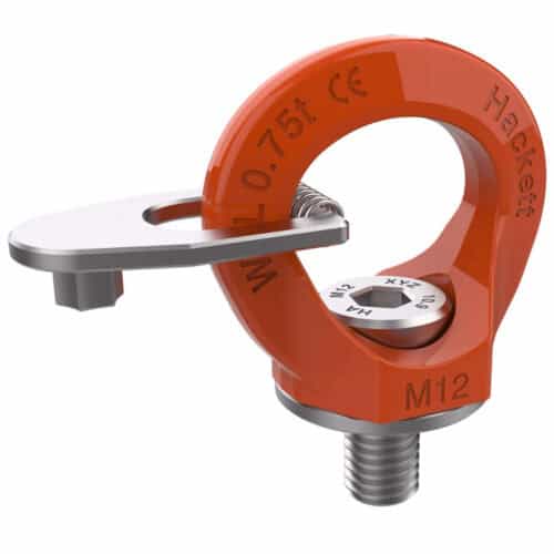 Orange HA key eye point lifting ring with M12 metric thread and silver key plate attached
