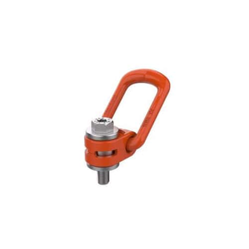 Orange HA lifting point with metric threaded bolt and swivel eye on white background