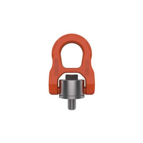 Orange swivel hoist ring with metric threaded bolt and grey base on white background
