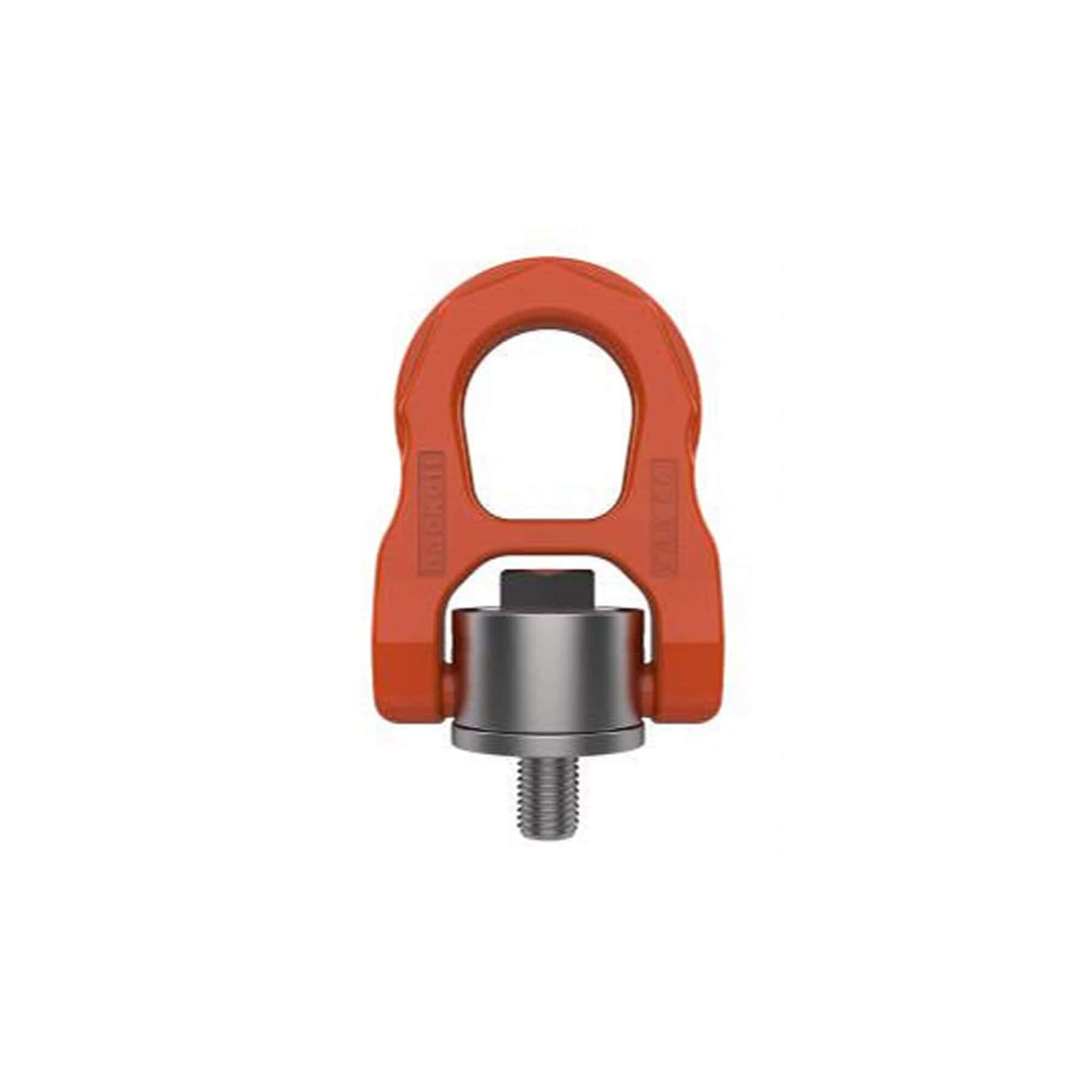 Orange swivel hoist ring with metric threaded bolt and grey base on white background