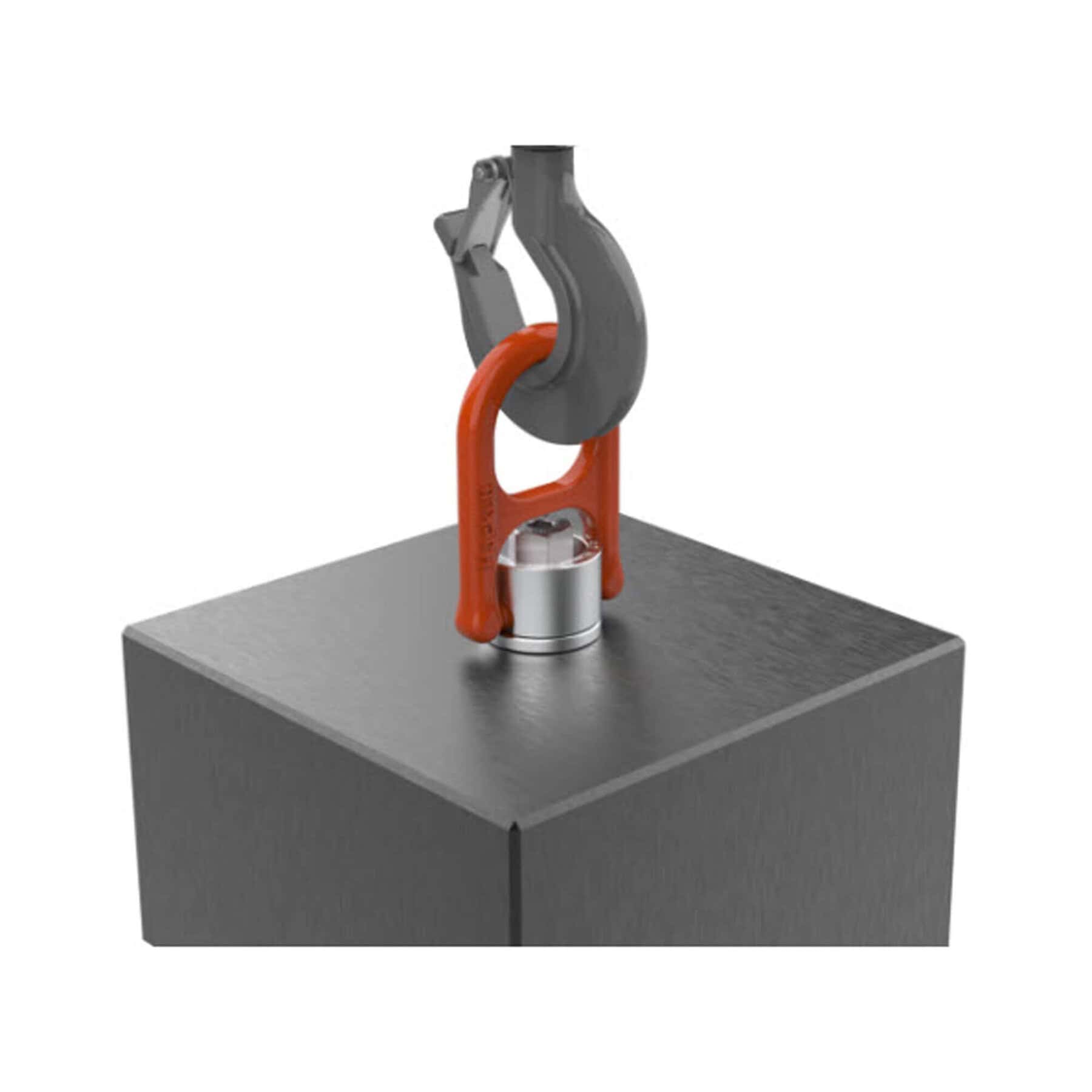 HA swivel hoist ring with orange loop attached to a steel block and lifting hook above