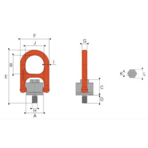 Dimensioned technical drawing of HA swivel hoist ring with metric threaded shank front and side views