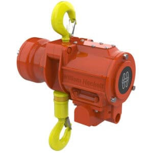 WH AH air hoist with orange body and yellow top and bottom hooks on white background