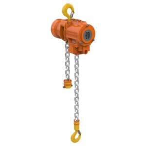 WH AH air hoist with orange body, yellow hooks and twin hanging chains on white background