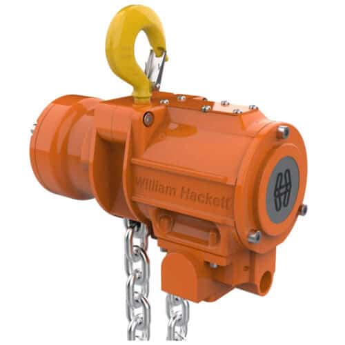 WH AH air hoist with orange body, yellow top hook and hanging silver load chain