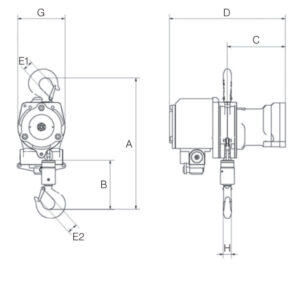WH AH air hoist dimension drawing showing front and side views with labelled measurements A to H