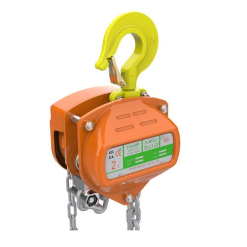 Orange subsea chain hoist with green safety hook and lifting chain, Hackett SS-C4 QP label visible