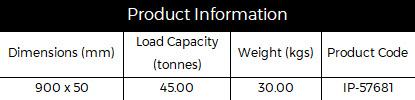 Product information table showing dimensions 900 x 50 mm, load capacity 45 tonnes, weight 30 kg, product code IP-57681