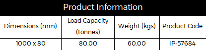 Product information table showing dimensions 1000 x 80 mm load capacity 80 tonnes weight 60 kg and product code IP-57684