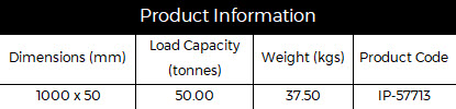 Product information table showing dimensions 1000 x 50 mm, load capacity 50 tonnes, weight 37.50 kg, product code IP-57713